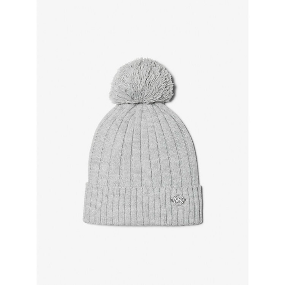 Michael Kors Ribbed Pom Knit Beanie Hat Grey